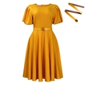 Elegante abito a trapezio giallo brillante con maniche a sbuffo e cintura abbinata - S / Giallo con Cintura