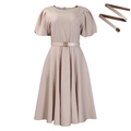 Elegante abito lungo beige con maniche a sbuffo, vita alta e cintura dorata tonda - S / Beige con Cintura