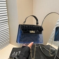 Detail of transparent PVC handbag with crocodile pattern handle and gold twist lock - Black