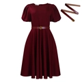 Elegante abito rosso scuro linea A con maniche a sbuffo e cintura JC in metallo - S / Rosso Vino Con Cintura