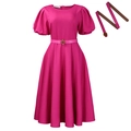 Elegantes rosenrotes Midikleid mit Puffärmeln, ausgestelltem Saum und passendem Goldgürtel - S / Rosarot