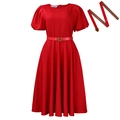 Rotes Midikleid mit Puffärmeln und passendem Gürtel mit goldener Schnalle in Uni-Farbe - S / Rot