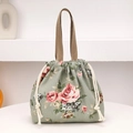 Sac seau à imprimé floral avec roses roses, cordon de serrage et poignées marron - Vert rose