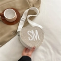 Sac bandoulière tressé en forme de cœur en paille naturelle avec broderie SM et sangle blanche - Blanc