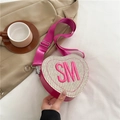 Sac bandoulière cœur tissé beige avec broderie SM rose et bordure en cuir - Rose rouge
