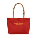 Red canvas handbag featuring colorful beaded handles and yellow embroidery detail - Red