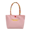 Pink niche handbag with colorful woven handle and yellow 'Fantasy Romance' embroidery - Pink