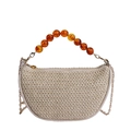 Borsa in paglia con manico in perline ambrate e tracolla a catena in metallo da donna - Bianco
