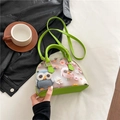 Mini-Handtasche mit grünem Lederbesatz und halbtransparentem Eulen- und Blumenprint - Eulen-Stil / Groß