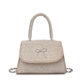Champagne woven mini handbag with silver bow buckle and metal chain shoulder strap - Gold