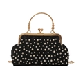 Sac à main de soirée noir élégant avec perles blanches et poignée dorée vintage - Noir