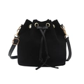 Minimalist black suede drawstring bucket bag with gold hardware and adjustable strap - Black