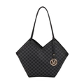 Vintage grijze draagtas met M-letter monogram print en gouden logo-hanger op wit canvas - Zwart