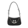 Borsa sottobraccio in denim glitterato nero con fiocco argento e dettagli in perle - Nero