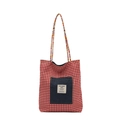 Casual red plaid tote bag with blue denim front pocket and striped shoulder straps - Red and White Grid with Denim Pocket / Small
