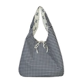 Large capacity floral canvas tote bag with black and white gingham pattern and bow closure - Black