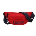 Bright red nylon waist bag with black LUCKY lettering and adjustable strap - Red