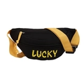 Black canvas chest bag featuring a bold yellow LUCKY print and matching nylon strap - Black
