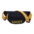 Dark blue nylon fanny pack with yellow LUCKY print and adjustable shoulder strap - Dark Blue