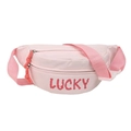 Pink nylon sports fanny pack with red LUCKY print and adjustable shoulder strap - Pink