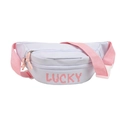 Minimalist light purple nylon fanny pack with pink LUCKY print and adjustable strap - Light Blue