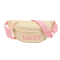 Beige nylon fanny pack with pink LUCKY print and adjustable woven shoulder strap - Light Yellow
