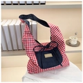 Red gingham tote bag detail featuring a denim bow pocket and Fashion & Bags leather tag - Pink Checkered Side A