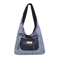 Blue and white plaid tote bag with denim pocket and leather label on white background - Blue Checkered Side A