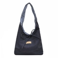 Dark blue denim tote bag with gingham inner lining and elegant bow decoration - Blue Checkered Side B
