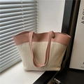 French retro straw woven tote bag with pink leather handles and metal grommets - Large / Rice Pink