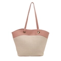 Zweifarbige gewebte Stroh-Einkaufstasche in Rosa und Beige mit langen PU-Lederriemen - Reisrosa / Klein