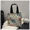 Detail of floral tapestry canvas tote with woven handles on elegant silk fabric - Blue Green Floral (Style 1)