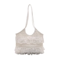 Summer white lace ruffled tote bag with large capacity for vacation and beach wear - White
