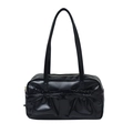 Glossy black faux leather shoulder bag featuring sweet bow pockets and spacious design - Black