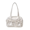 Sac cabas beige épuré avec poches à nœuds et longues anses pour épaule - Blanc Cassé