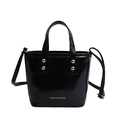 Elegant black patent leather bucket bag with silver studs and golden fashion logo - Black