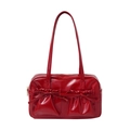 Glossy red faux leather bowling tote bag with bow detail and double shoulder straps - Red