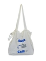 Off-white canvas tote bag with blue 'Dogs like Chill' print and drawstring closure - White