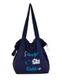 Navy blue nylon tote bag with drawstring closure featuring cartoon dog graphic print - Blue