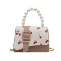 Mini tote bag with cherry print, beige and khaki color block and pearl handle - Khaki