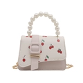 Beige mini handbag with cherry print, pearl bead handle and gold chain strap - White