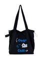 Black canvas tote bag with drawstring closure and blue Dogs Like Chill cartoon print - Black