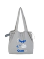 Light gray drawstring tote bag with blue cartoon dog illustration and long shoulder strap - Light Gray