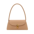 Minimalist beige underarm bag with gold metal buckle and leather strap on white background - Khaki