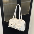 Minimalist white PU leather tote bag with bow details and front flap pockets for women - White