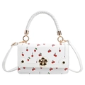 Borsa a tracolla bianca con stampa ciliegia, manico intrecciato e fibbia oro a fiore - Bianco