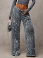 Detailed view of shimmering silver sequins and drawstring on wide leg pants - S / Silver