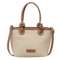 Bolso cubo de paja tejida para verano con ribete de cuero marrón y etiqueta moda - Caqui