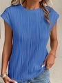 Haut plissé bleu électrique pour femme avec texture ondulée verticale et col rond chic - Bleu