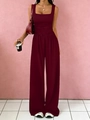 Elegant wine red sleeveless square neck jumpsuit with ruched waist and wide leg pants - S / Burgundy